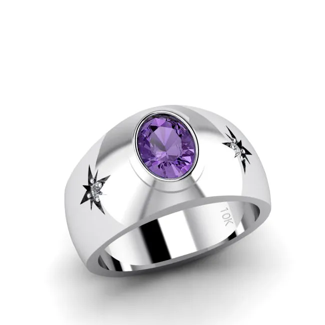 10K Solid Gold Amethyst Wedding Ring with GENUINE DIAMONDS February Birthstone Men's Jewelry