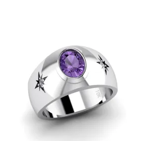 10K Solid Gold Amethyst Wedding Ring with GENUINE DIAMONDS February Birthstone Men's Jewelry