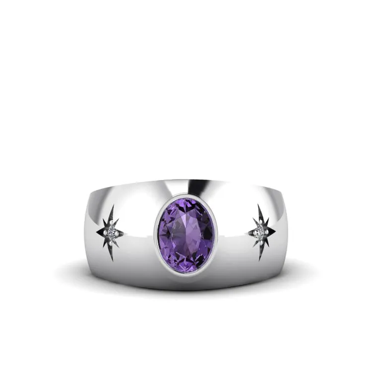 10K Solid Gold Amethyst Wedding Ring with GENUINE DIAMONDS February Birthstone Men's Jewelry