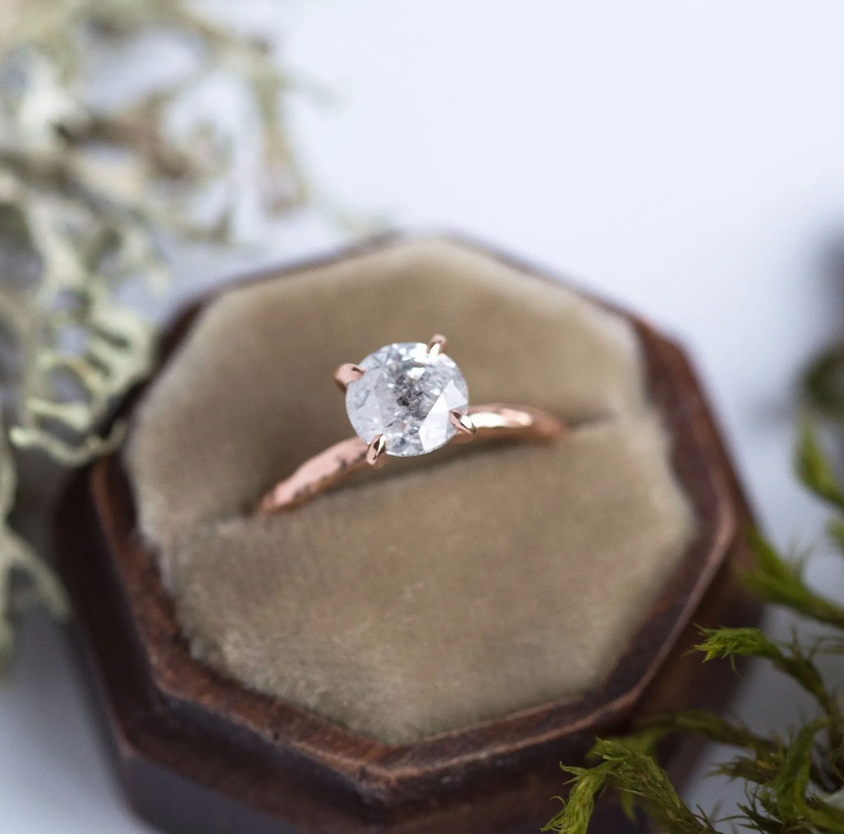 1.12ct Silver Salt & Pepper Diamond in Hand Carved Solitaire Engagement Ring - Round Solitaire Diamond Ring - Rose Gold Engagement by Anueva Jewelry