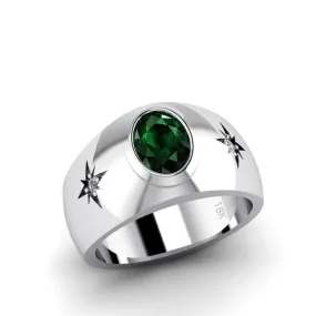 18K White Gold Classic Men's Ring 2.40ct Emerald and Diamonds Wedding Male Jewelry