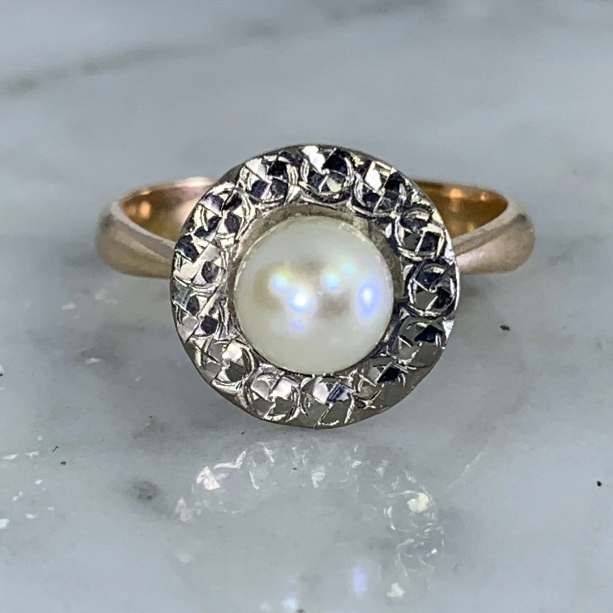 1940s Pearl Engagement Ring set in 14K White and Rose Gold. Sustainable Estate Jewelry.