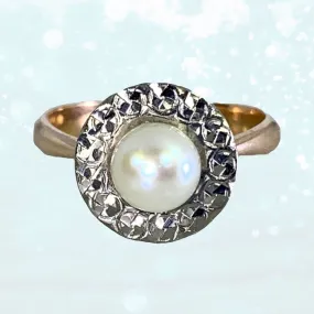 1940s Pearl Engagement Ring set in 14K White and Rose Gold. Sustainable Estate Jewelry.