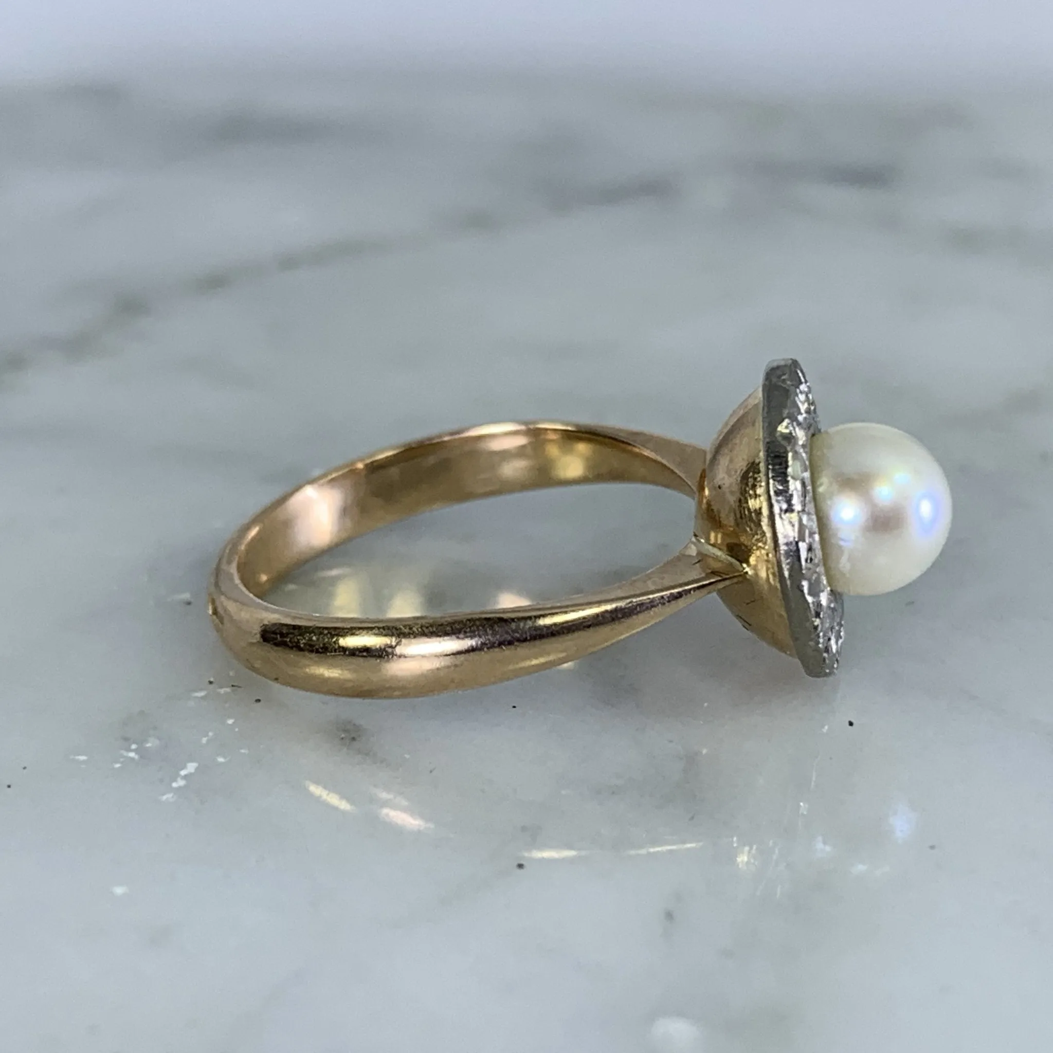 1940s Pearl Engagement Ring set in 14K White and Rose Gold. Sustainable Estate Jewelry.