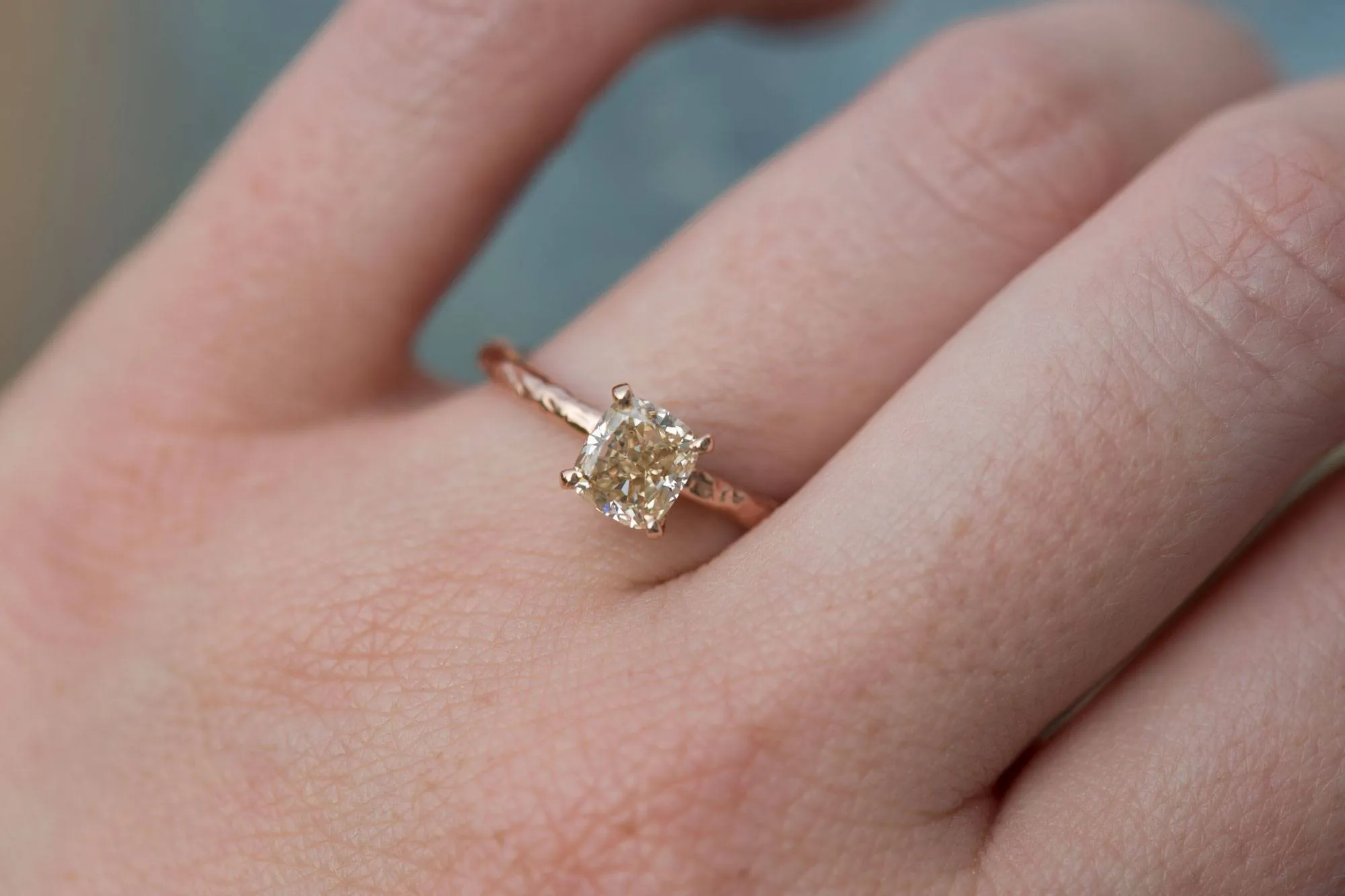 1ct Champagne Cushion Diamond in Hand Carved Solitaire Engagement Ring - Cushion Cut Diamond RIng - Rose Gold Engagement by Anueva Jewelry