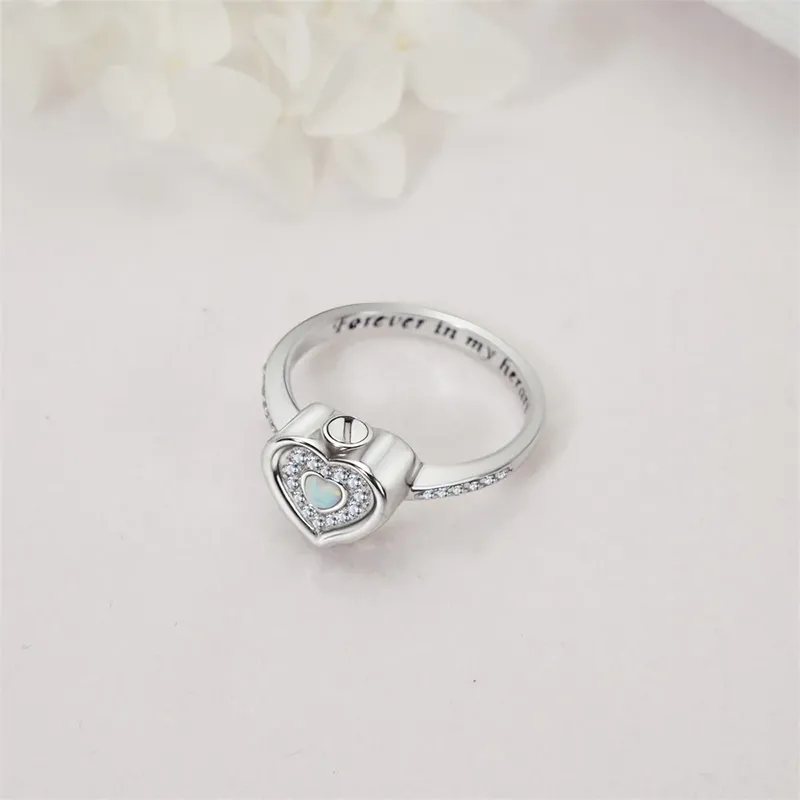 925 Sterling Silver Lab Opal Heart Urn Ring for Ashes Angel Wings Cremation Jewelry Keepsake Rings for Women Gifts