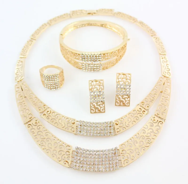 African Costume Jewelry Sets Gold color Fashion Crystal Rhinestone Wedding Set