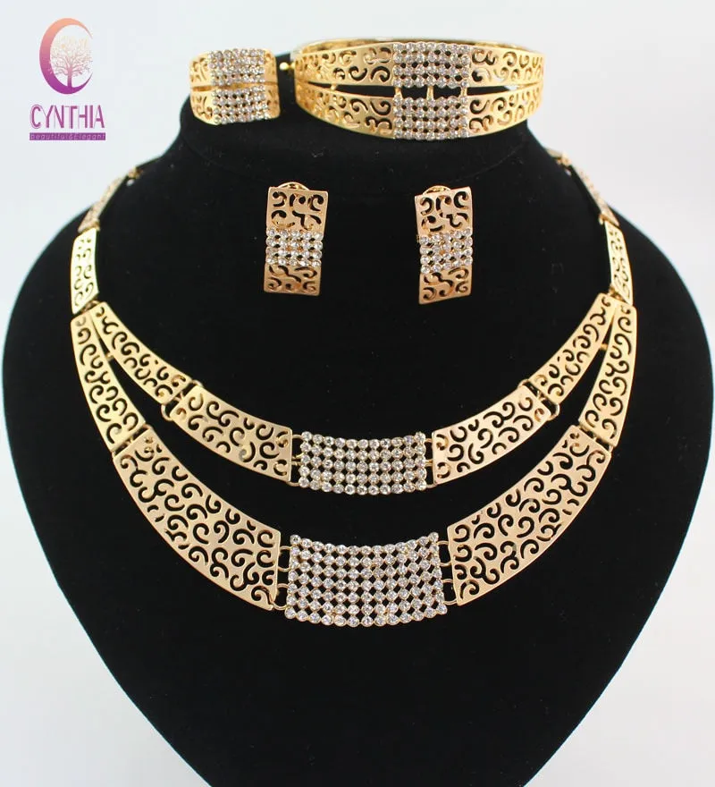 African Costume Jewelry Sets Gold color Fashion Crystal Rhinestone Wedding Set