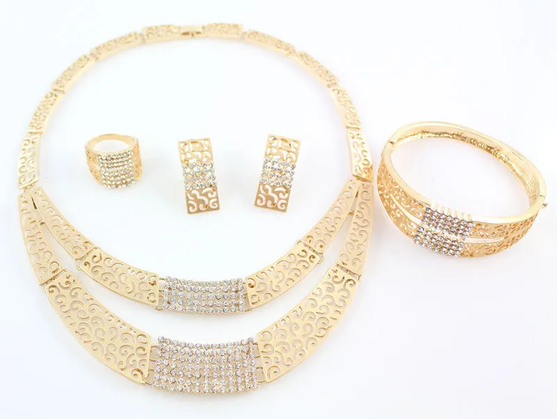 African Costume Jewelry Sets Gold color Fashion Crystal Rhinestone Wedding Set