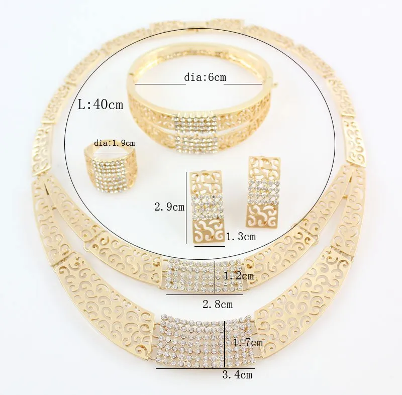 African Costume Jewelry Sets Gold color Fashion Crystal Rhinestone Wedding Set