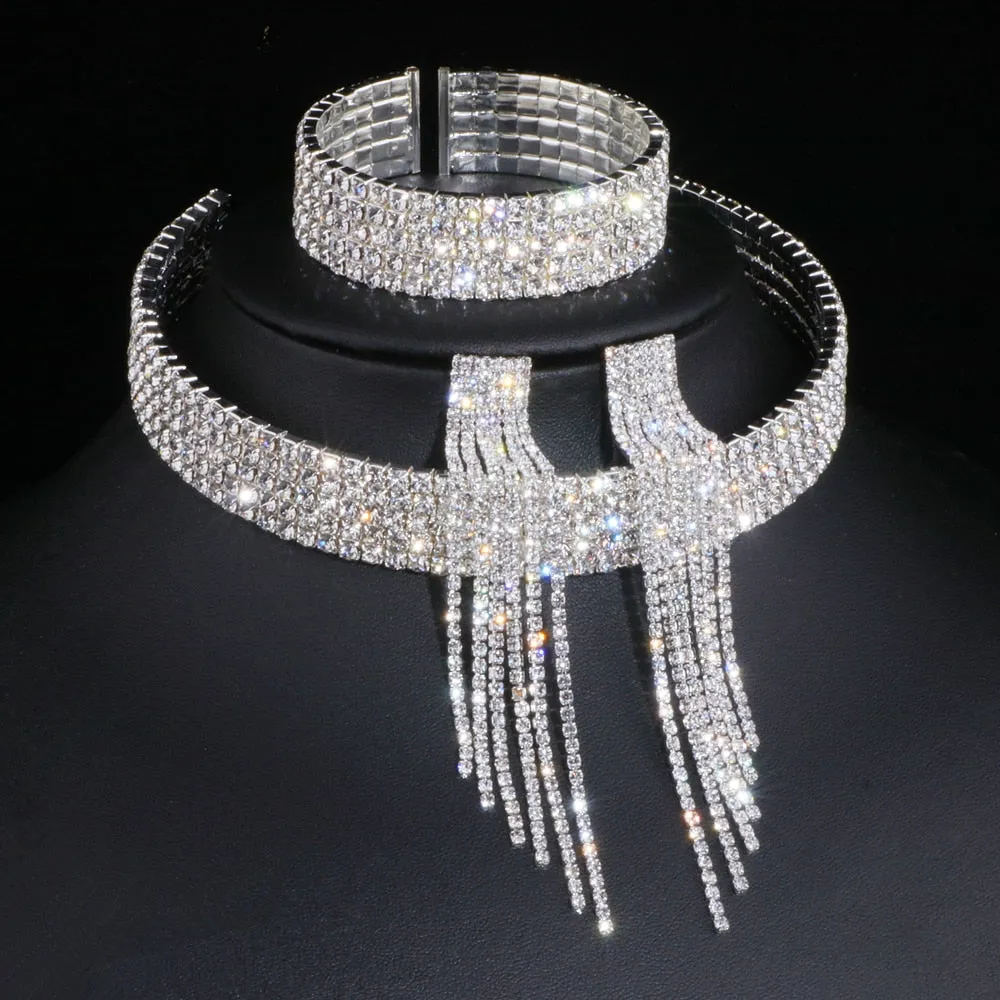 African Rhinestone Wedding Necklace Earrings Bracelet Sets Jewelry