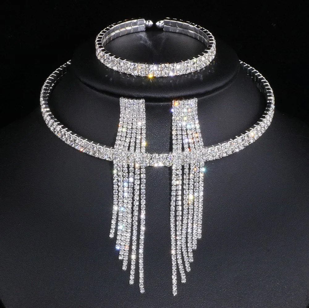 African Rhinestone Wedding Necklace Earrings Bracelet Sets Jewelry