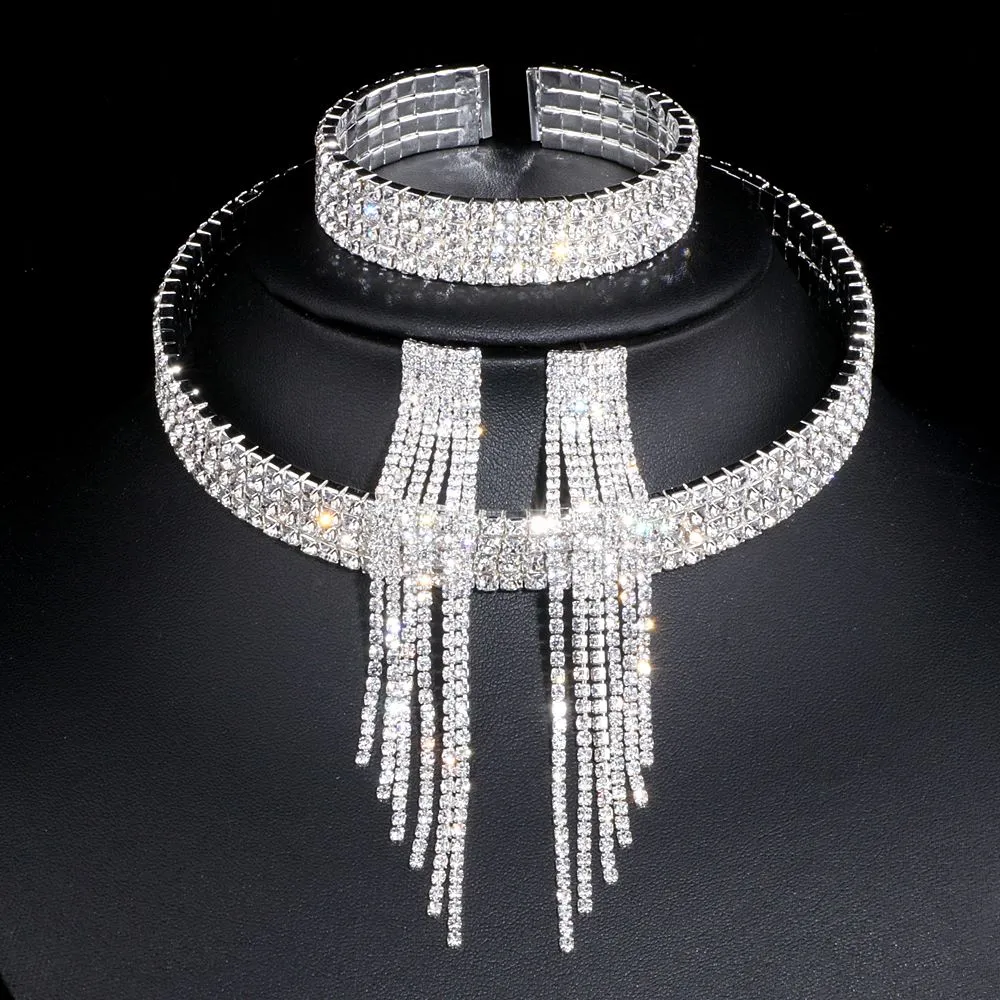 African Rhinestone Wedding Necklace Earrings Bracelet Sets Jewelry