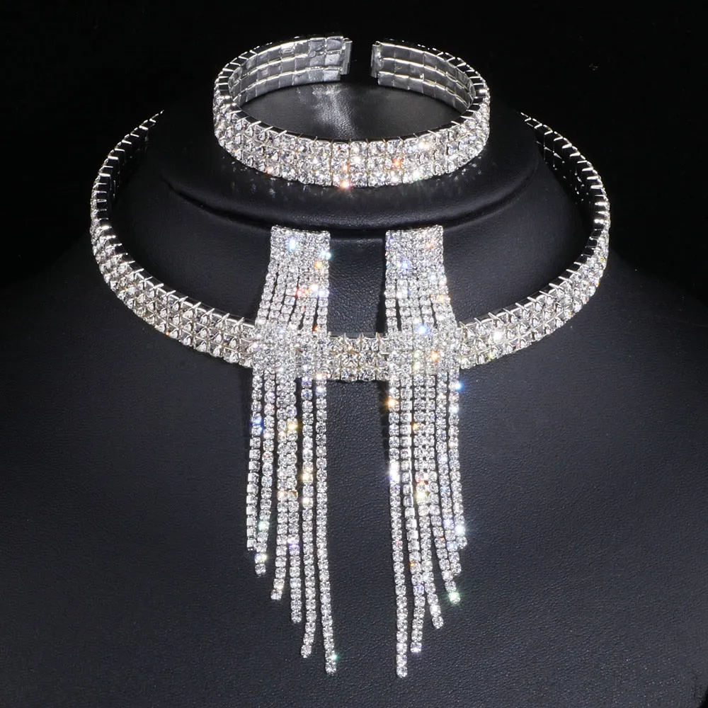 African Rhinestone Wedding Necklace Earrings Bracelet Sets Jewelry