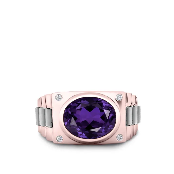 Amethyst and Diamond Ring Rose Gold Plated Solid 925 Silver Band Male Wedding Jewelry