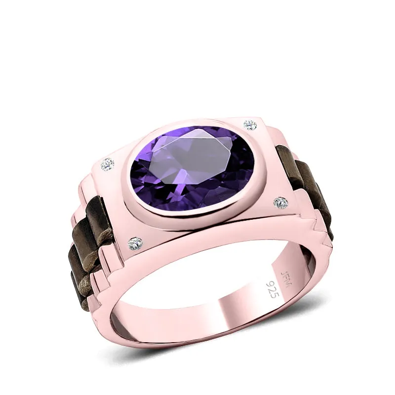 Amethyst and Diamond Ring Rose Gold Plated Solid 925 Silver Band Male Wedding Jewelry