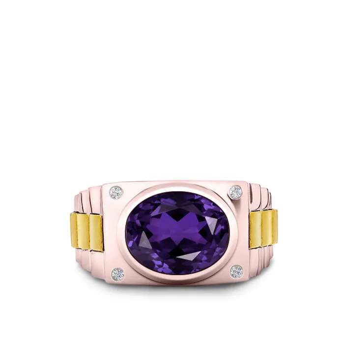 Amethyst and Diamond Ring Rose Gold Plated Solid 925 Silver Band Male Wedding Jewelry