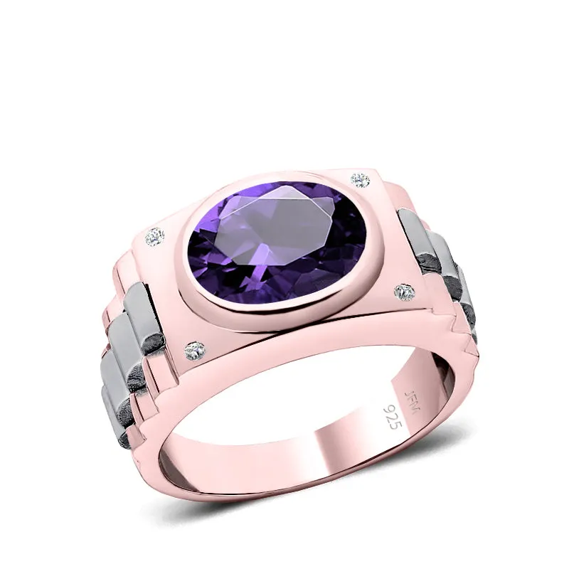 Amethyst and Diamond Ring Rose Gold Plated Solid 925 Silver Band Male Wedding Jewelry