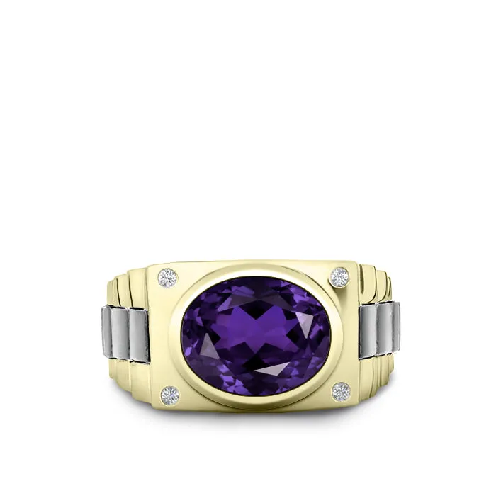 Amethyst Engagement Ring for Man with White Diamonds in Yellow Gold Personalized Male Jewelry Gift