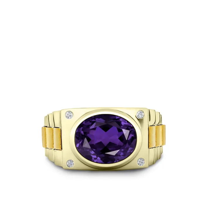 Amethyst Engagement Ring for Man with White Diamonds in Yellow Gold Personalized Male Jewelry Gift