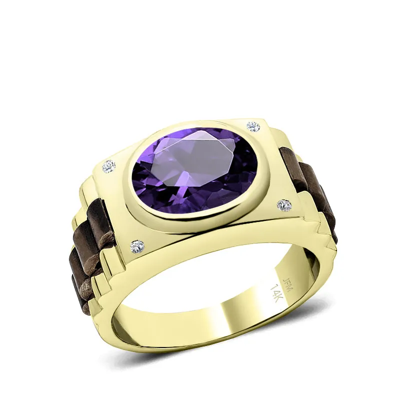 Amethyst Engagement Ring for Man with White Diamonds in Yellow Gold Personalized Male Jewelry Gift