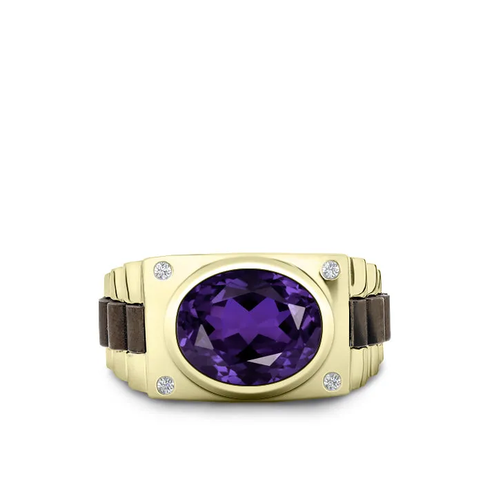 Amethyst Engagement Ring for Man with White Diamonds in Yellow Gold Personalized Male Jewelry Gift