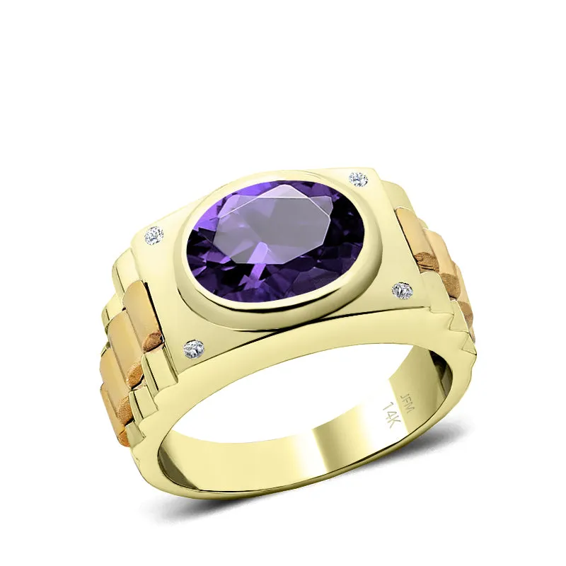 Amethyst Engagement Ring for Man with White Diamonds in Yellow Gold Personalized Male Jewelry Gift