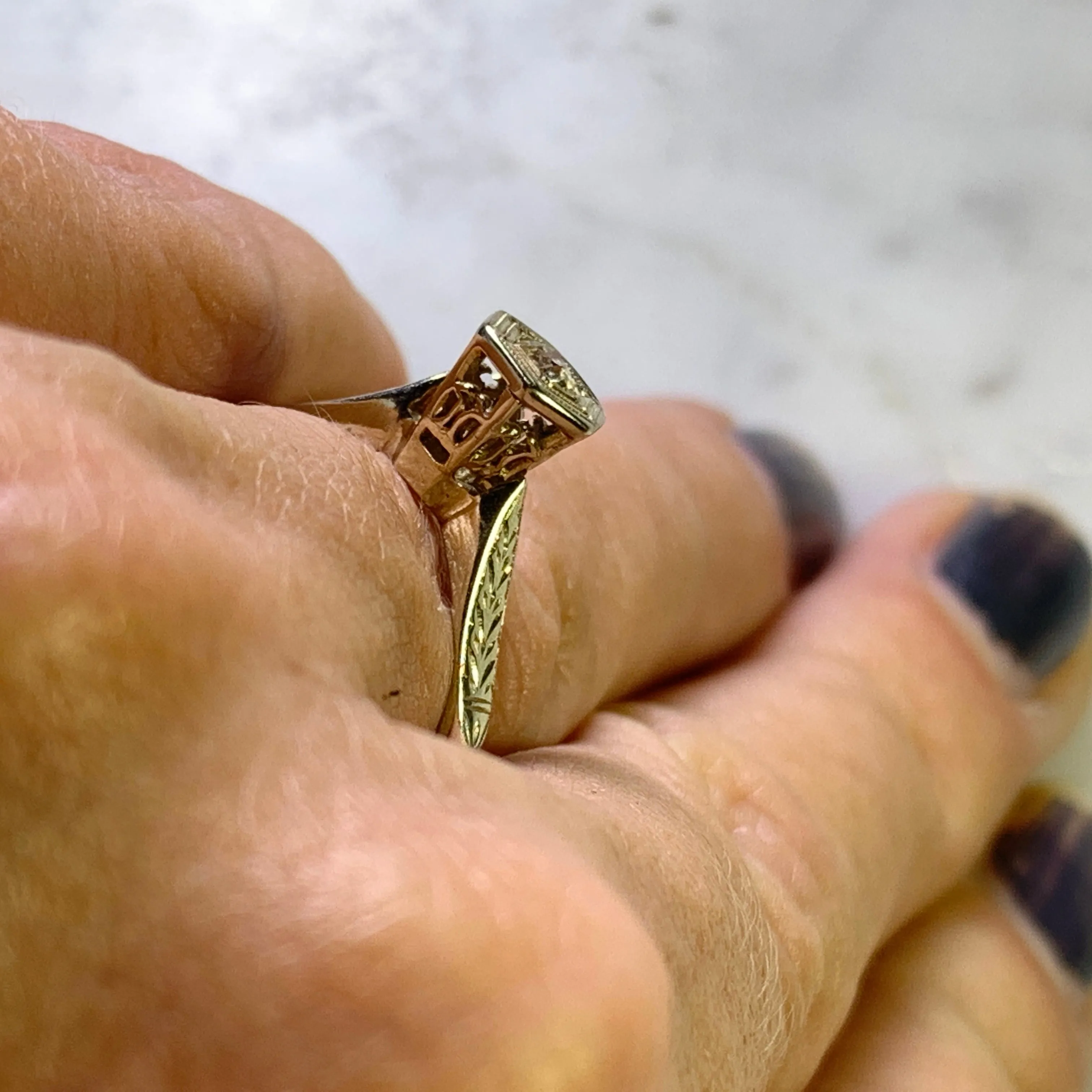 Antique 1920s Diamond Engagement Ring in an Art Deco 14K Gold Setting. Sustainable Jewelry.