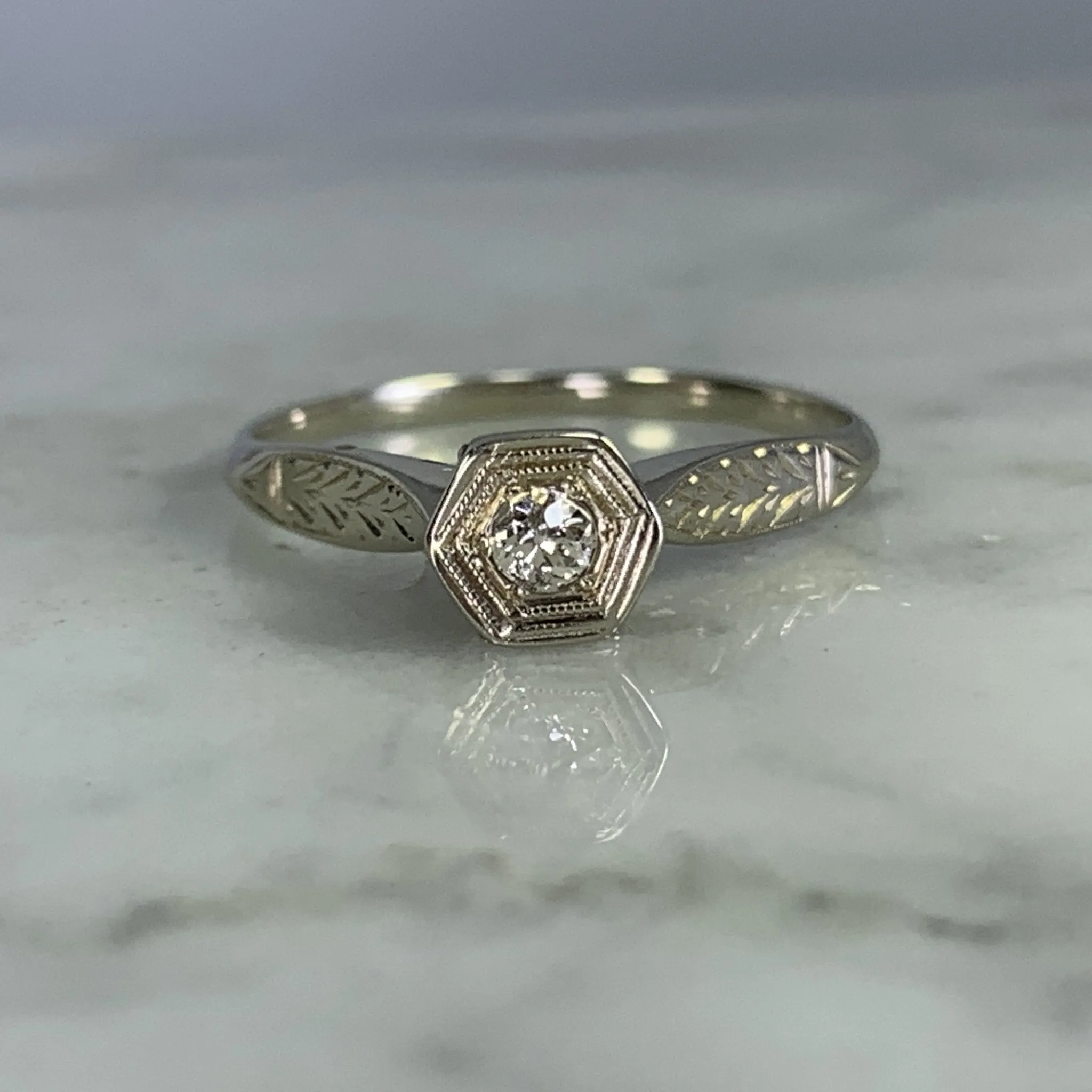 Antique 1920s Diamond Engagement Ring in an Art Deco 14K Gold Setting. Sustainable Jewelry.