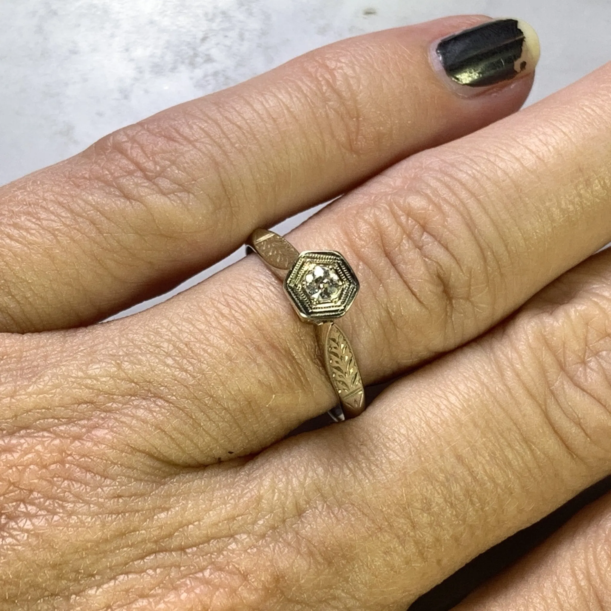 Antique 1920s Diamond Engagement Ring in an Art Deco 14K Gold Setting. Sustainable Jewelry.