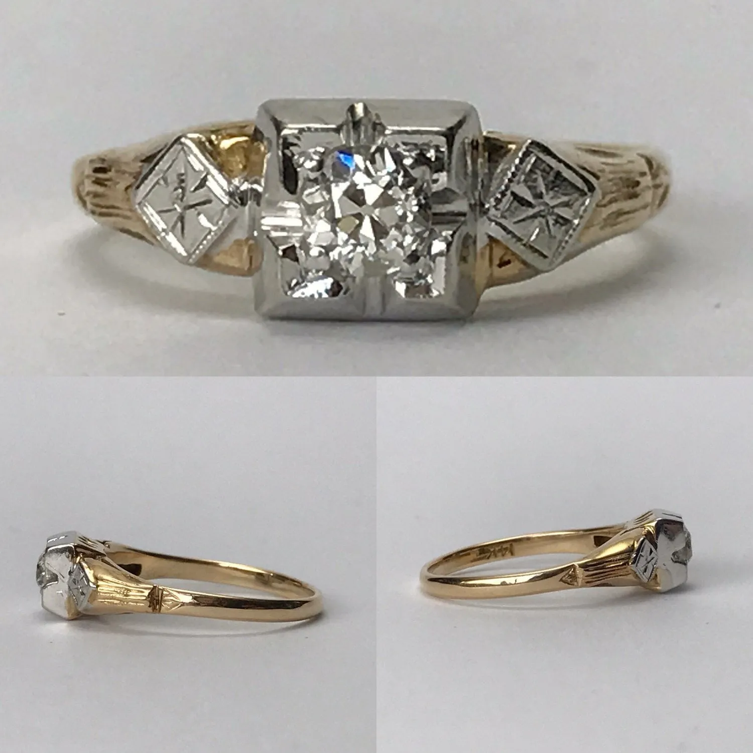 Art Deco Diamond Engagement Ring. 14K Gold. Estate Jewelry. April Birthstone. 10 Year Anniversary.