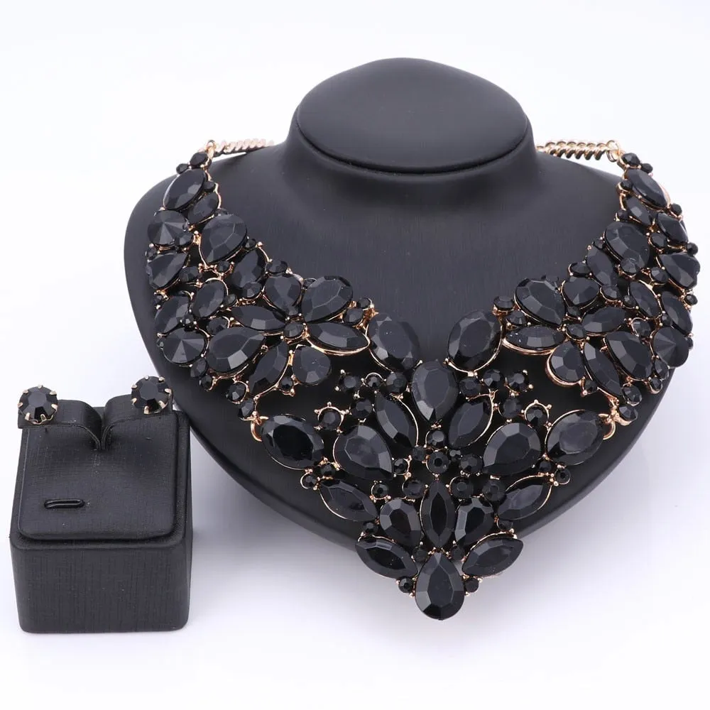 Black Rhinestone and Crystal Necklace & Earrings Wedding Statement Jewelry Set