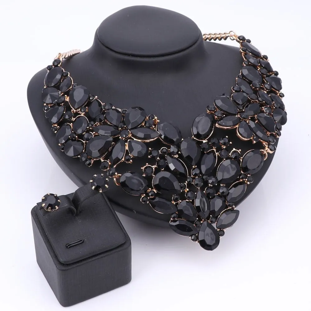 Black Rhinestone and Crystal Necklace & Earrings Wedding Statement Jewelry Set