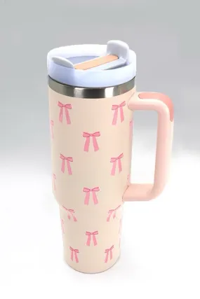 Elegant Bow-Embellished Insulated Tumbler for Beverages in English Version