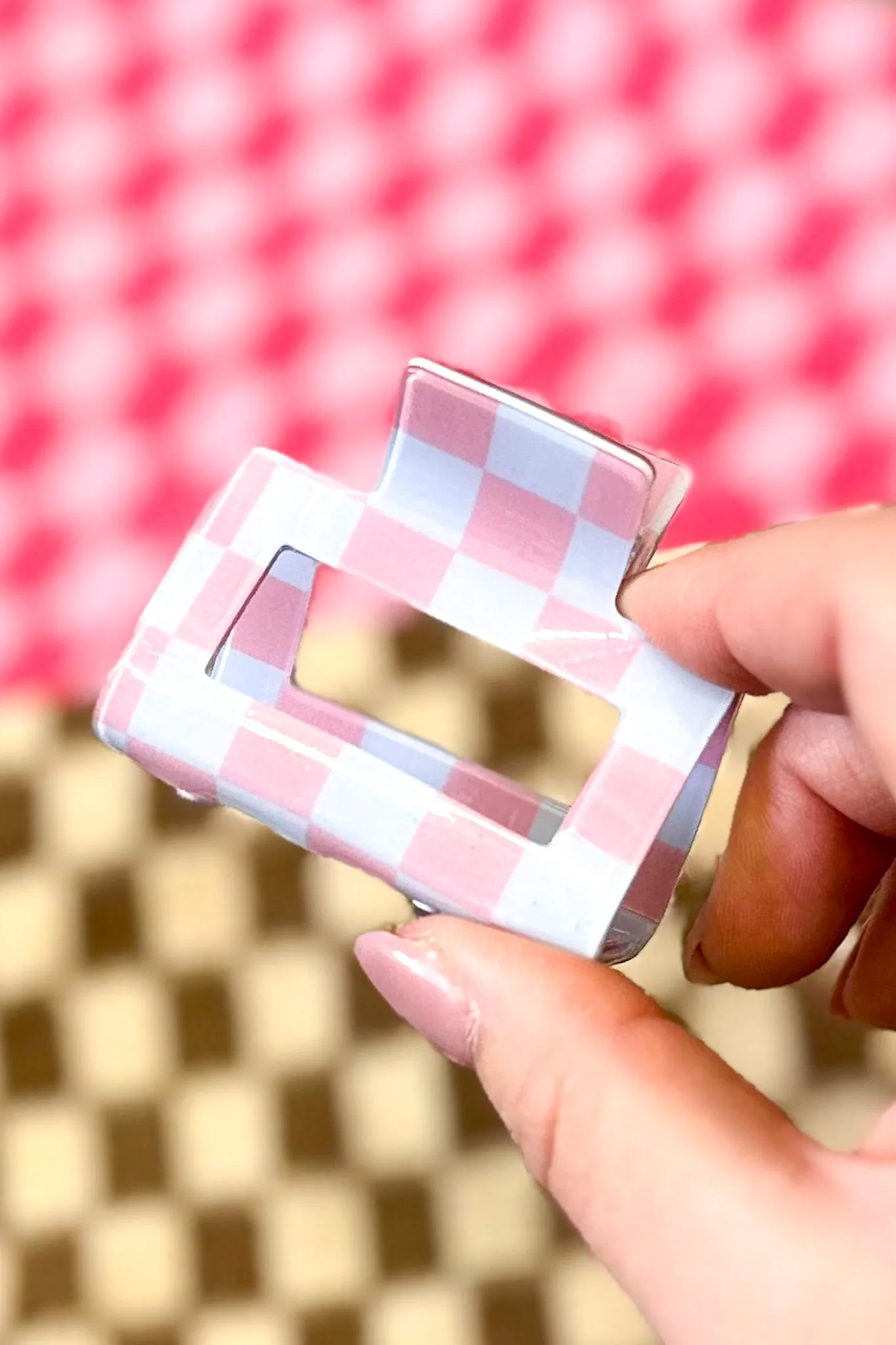 Checkered Acetate Square Hair Clip, Pink/Blue