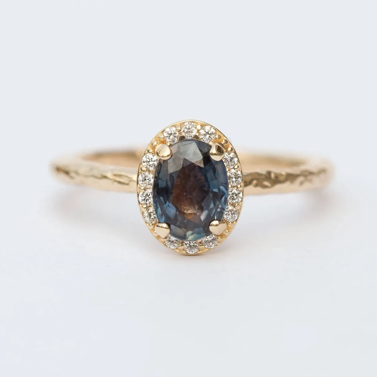 Color Changing Blue Sapphire Engagement Ring in Hand Carved Recycled Yellow Gold Earthy Setting - Sapphire Engagement Ring by Anueva Jewelry