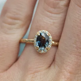 Color Changing Blue Sapphire Engagement Ring in Hand Carved Recycled Yellow Gold Earthy Setting - Sapphire Engagement Ring by Anueva Jewelry