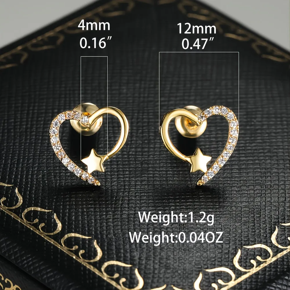 Cute Hollow Heart Stud Earrings Inlaid Zircon For Women Wedding Jewelry Valentine's Day Decor Gift 1Pair