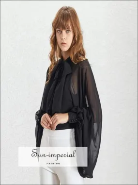 Demi top - Women's Black Sheer Chiffon Long Lantern Sleeve Bow Tie Blouse