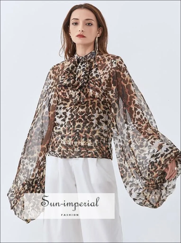 Demi top - Women's Leopard Sheer Chiffon Long Lantern Sleeve Bow Tie Blouse