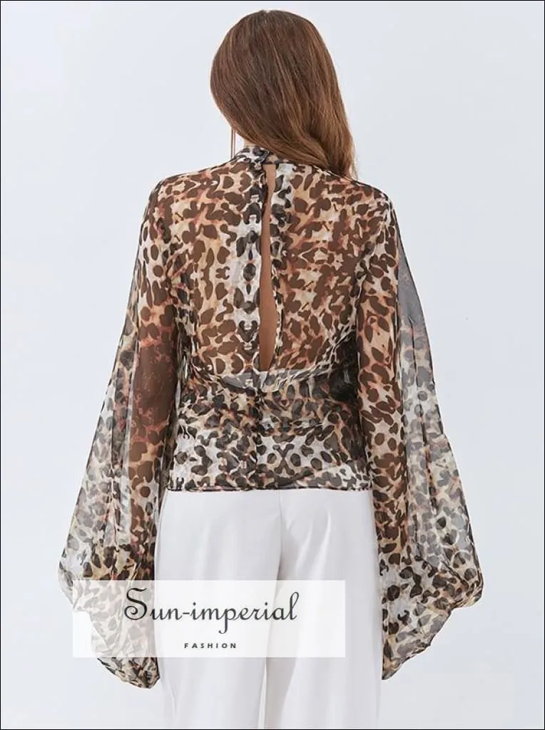 Demi top - Women's Leopard Sheer Chiffon Long Lantern Sleeve Bow Tie Blouse