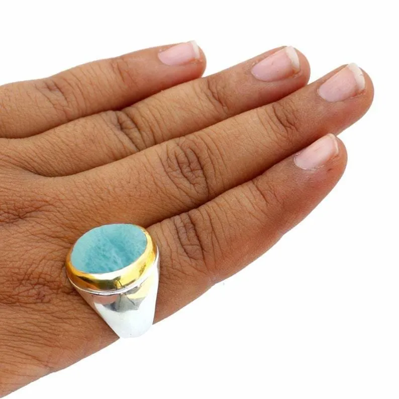 Dominican Larimar Gemstone Statement Ring, Wedding Gift, Handcrafted Jewelry