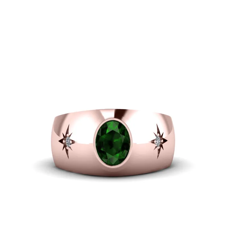 Emerald Male Ring in 10k Rose Gold with 0.06ct Natural Diamonds Men's Engagement Jewelry