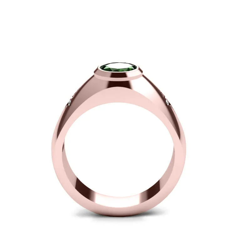 Emerald Male Ring in 10k Rose Gold with 0.06ct Natural Diamonds Men's Engagement Jewelry