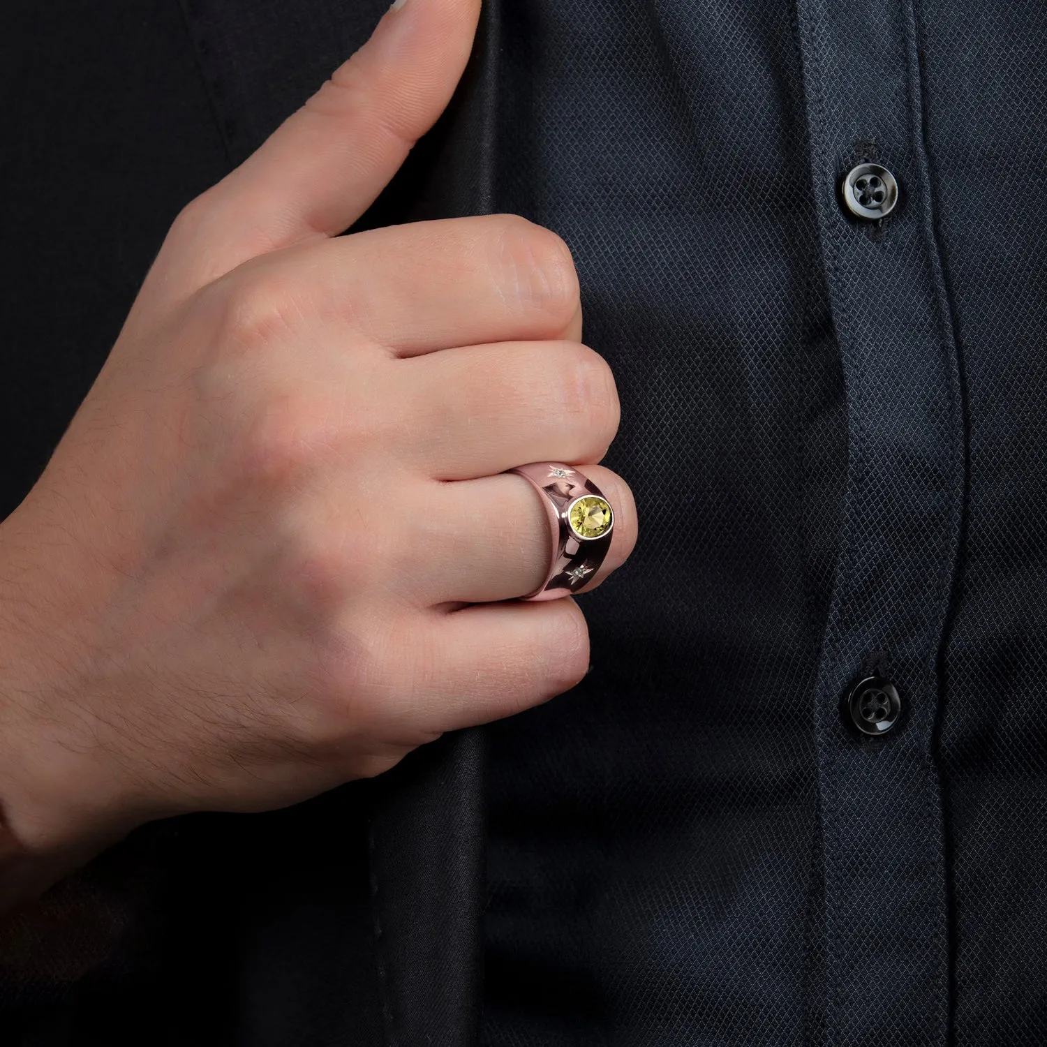 Engagement Male Ring 10k SOLID Rose Gold Bezel Set Citrine with 2 Diamonds Men's Gemstone Jewelry