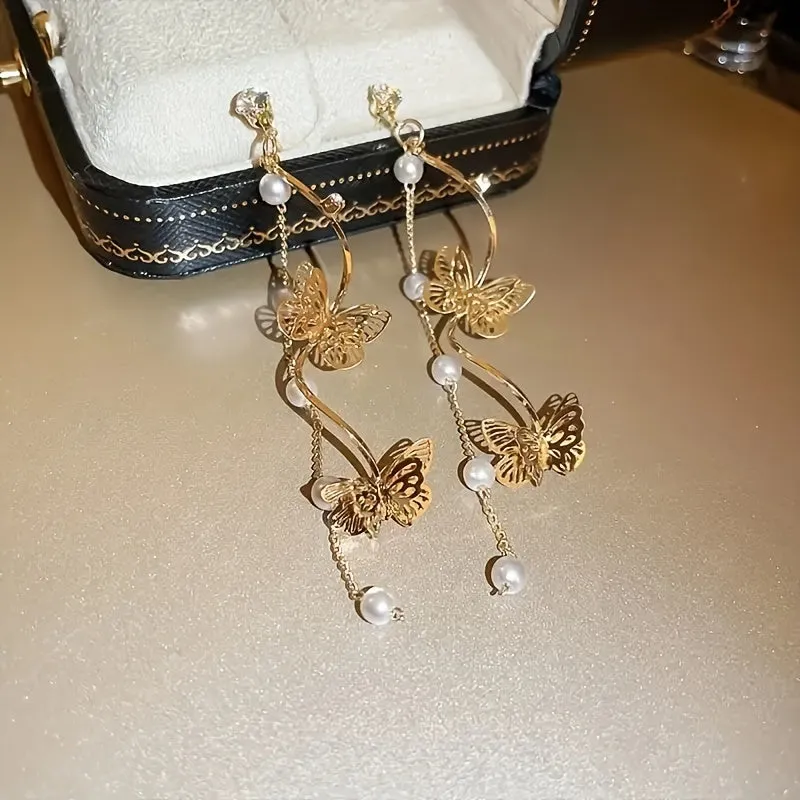 Exquisite Golden Butterfly Long Chain Faux Pearl Decor Dangle Earrings Retro Bohemian Style Zinc Alloy Jewelry Wedding Accessories