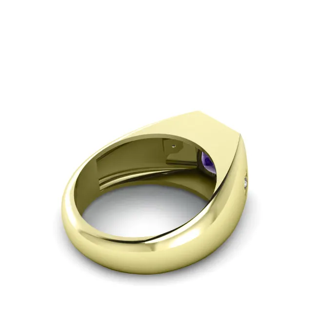 Gents Ring 18K Yellow Gold with Diamonds and Amethyst Gemstone Wideband Wedding Jewelry