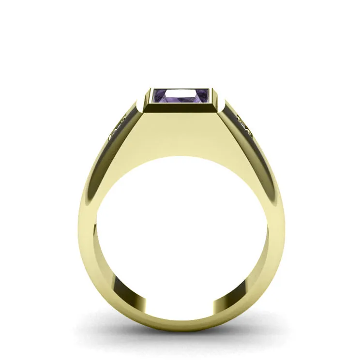 Gents Ring 18K Yellow Gold with Diamonds and Amethyst Gemstone Wideband Wedding Jewelry