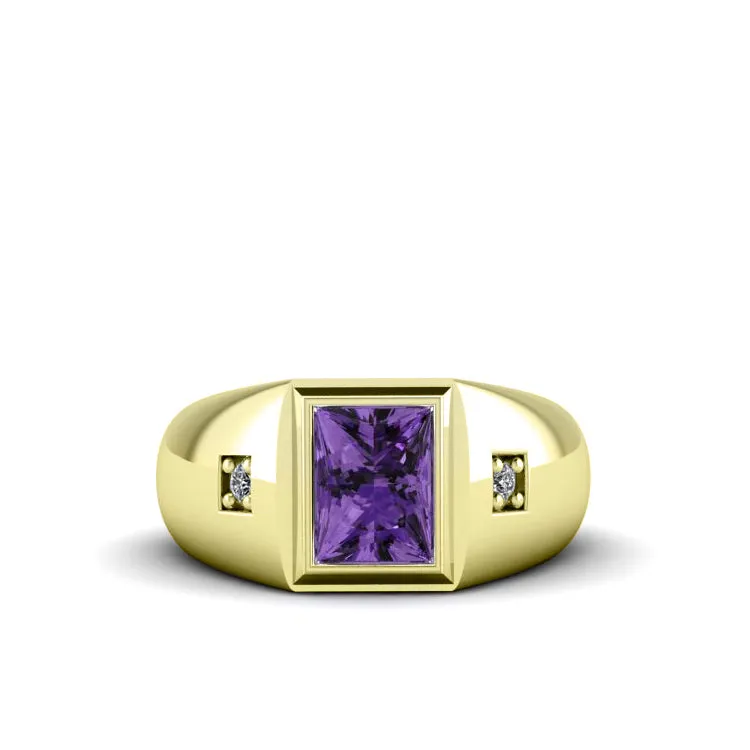 Gents Ring 18K Yellow Gold with Diamonds and Amethyst Gemstone Wideband Wedding Jewelry