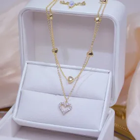 Gold Color Double Layer Heart Necklace Shining Bling AAA Zircon Women Clavicle Chain Elegant Charm Wedding Pendant Jewelry Gift